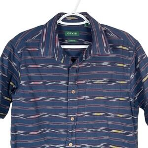 Orvis Shirt Active Fit Button Up Mens M Blue‎ Striped Short Sleeve Pocket Cotton